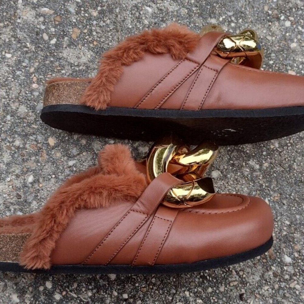 JW Anderson Leather Loafer Shearling Lined Gold Chain Brown Italy NWOT - Picture 5 of 12